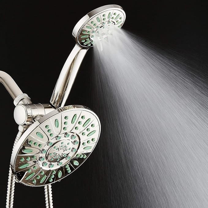AquaDance Antimicrobial/Anti-Clog High-Pressure 30-setting Rainfall Shower Combo, Microban Nozzle Protection from Growth of Mold, Mildew & Bacteria, Brushed Nickel Finish/Coral Green Jets