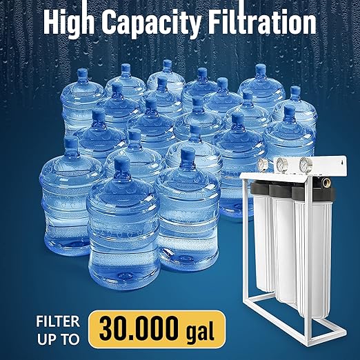 3 Stage High Capacity 20β White Whole House Water Filter System, Freestanding Steel Frame, Sediment, GAC+KDF & Carbon Cartridges, Presser Relief Button, 1β Brass Port, Pressure Gauges, Double O-Ring