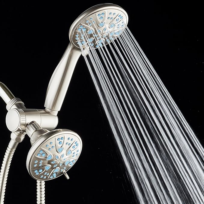 AquaDance Antimicrobial/Anti-Clog High-Pressure 30-setting Dual Head Combination Shower with Microban Nozzle Protection From Growth of Mold, Mildew & Bacteria for a Healthier Shower – Aqua Blue