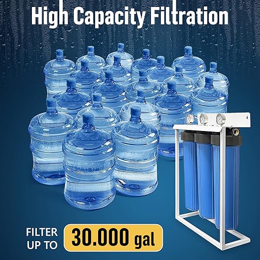 3 Stage High Capacity 20β Blue Whole House Water Filter System, Freestanding Steel Frame, Sediment, GAC+KDF & Carbon Cartridges, Presser Relief Button, 1β Brass Port, Pressure Gauges, Double O-Ring