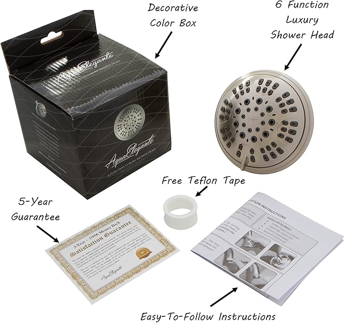 6 Function Adjustable Luxury Shower Head - High Pressure Boosting, Wall Mount, Bathroom Showerhead For Low Flow Showers, 2.5 GPM - Brushed Nickel