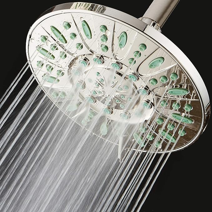 AquaDance 7-inch 6-Setting Rainfall Showerhead with Anti-Microbial Microban Protection from Mold, Mildew, and Bacteria - Clog-Free, Brushed Nickel Finish/Coral Green Jets