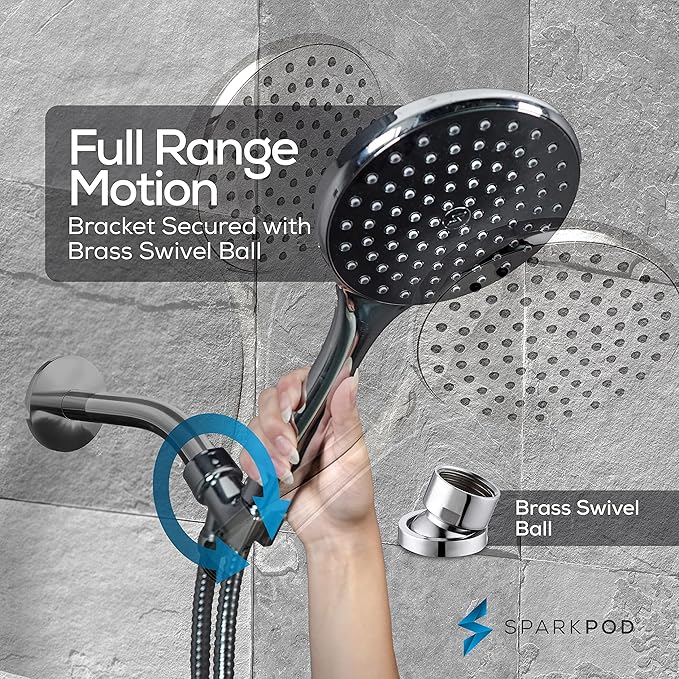 SparkPod High Pressure Handheld Shower Head with Hose- Huge 6-Inch Face- Rain Shower with Extra Long 6 ft. Hose and Premium Adjustable Bracket- Luxury Design -Tool-less 1-Min Installation (Chrome)