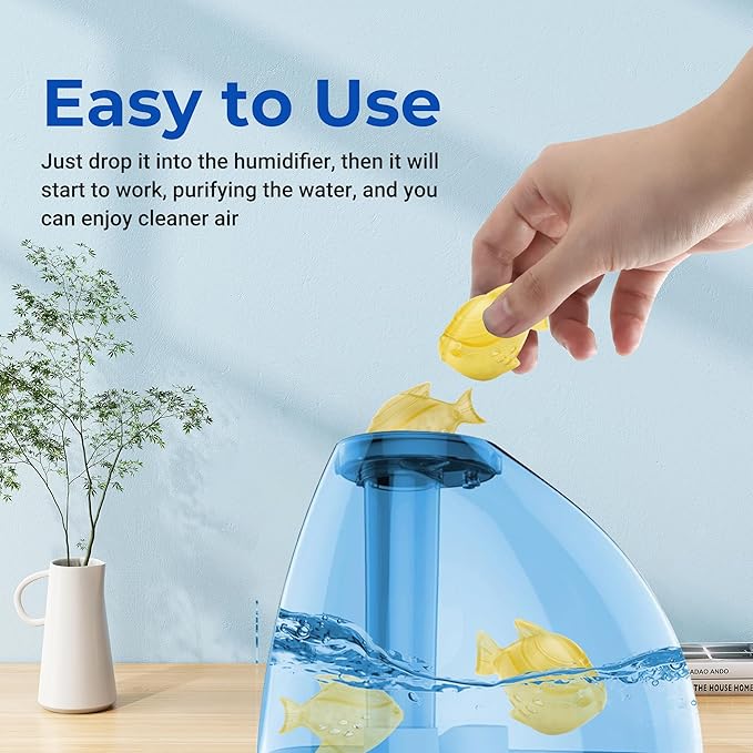 12 Pack Universal Humidifier Cleaner Fish Compatible with Almost All Humidifiers and Fish Tanks, Equipped with Silver Ion Filter Balls, Prevents Hard Water Build-Up, Reduces Scale, Yellow