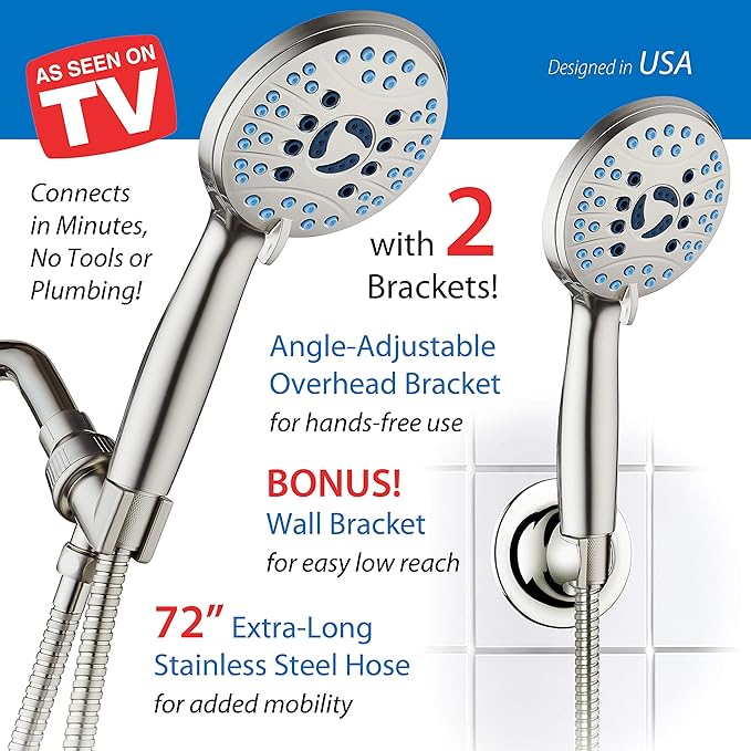 Hotel Spa AquaCare High Pressure 8-mode Handheld Shower Head - Anti-clog Nozzles, Built-in Power Wash to Clean Tub, Tile & Pets, Extra Long 6 ft. Hose, Wall & Overhead Brackets - 1.8 GPM
