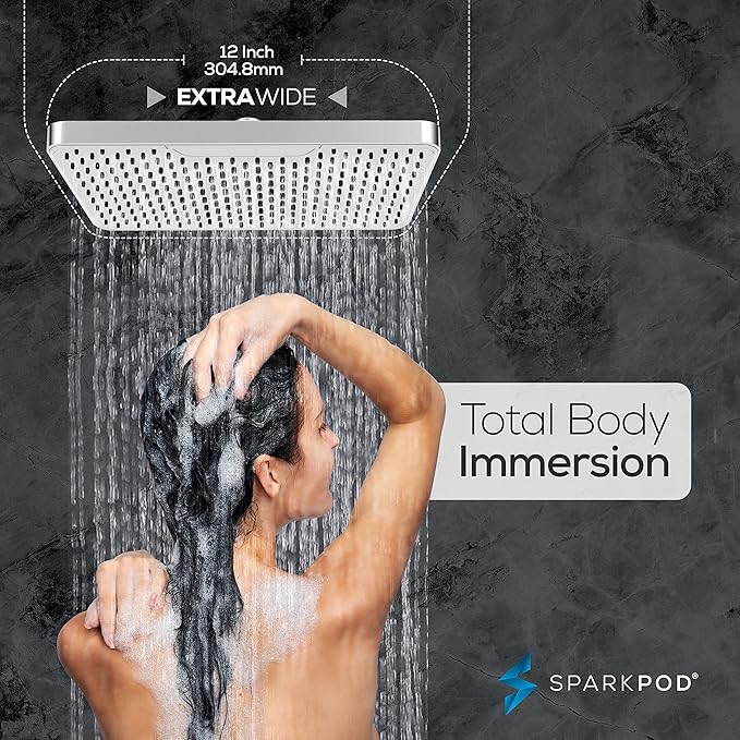 SparkPod 12 Inch Rectangle Rain Shower Head - Ceiling or Wall Mount Rainfall Shower Head - Large Coverage Showerhead - Brass Ball Joint with 360° Adjustment - 1-Min Install (Luxury Polished Chrome)