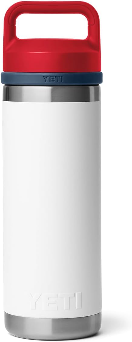 YETI Rambler 18 oz Bottle, Vacuum Insulated, Leakproof, Stainless Steel with Chug Cap, White/Navy/Rescue Red