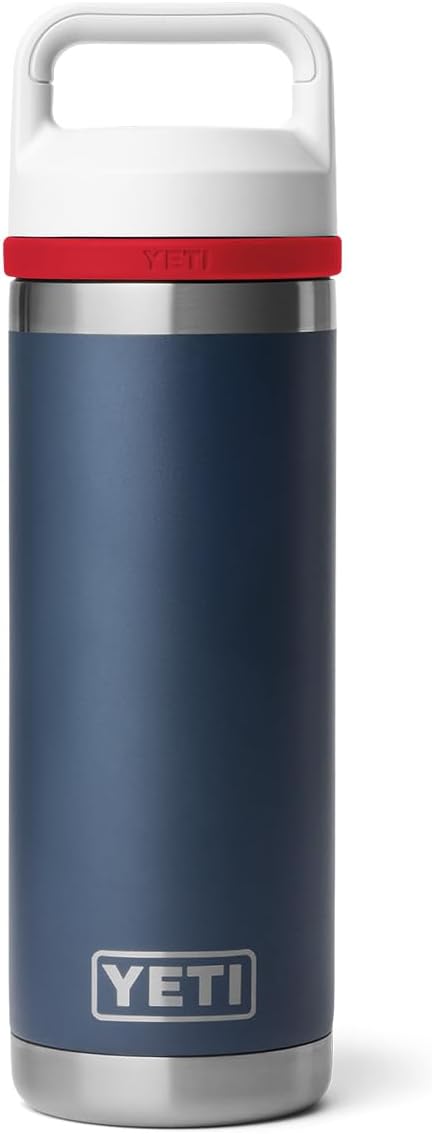 YETI Rambler 18 oz Bottle, Vacuum Insulated, Leakproof, Stainless Steel with Chug Cap, Navy/Rescue Red/White