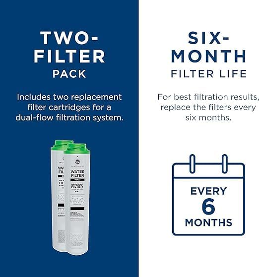 GE Under Sink Water Filter Replacement, Dual Flow, Reduces Sediment, Rust & Other Impurities from Water, Fits GXK255TBN Under Sink Filtration System, Replace Every 6 Months, FQK2J, 2 Filters