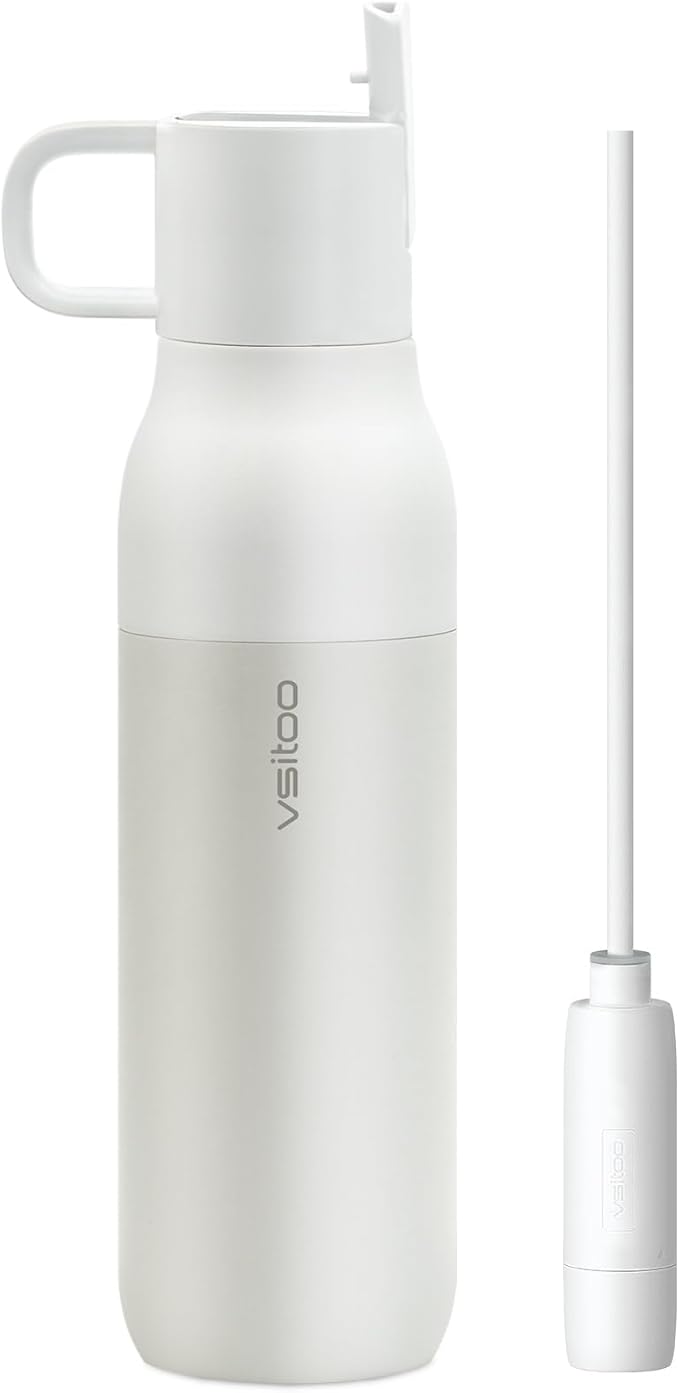 VSITOO 25 oz Water Purifier Bottle–Stainless Steel, Carbon Fiber Filter, Double-Wall Insulated, BPA-Free, Ideal for Hiking, Cycling, Gym & Outdoor Use–Life Straw Compatible,White