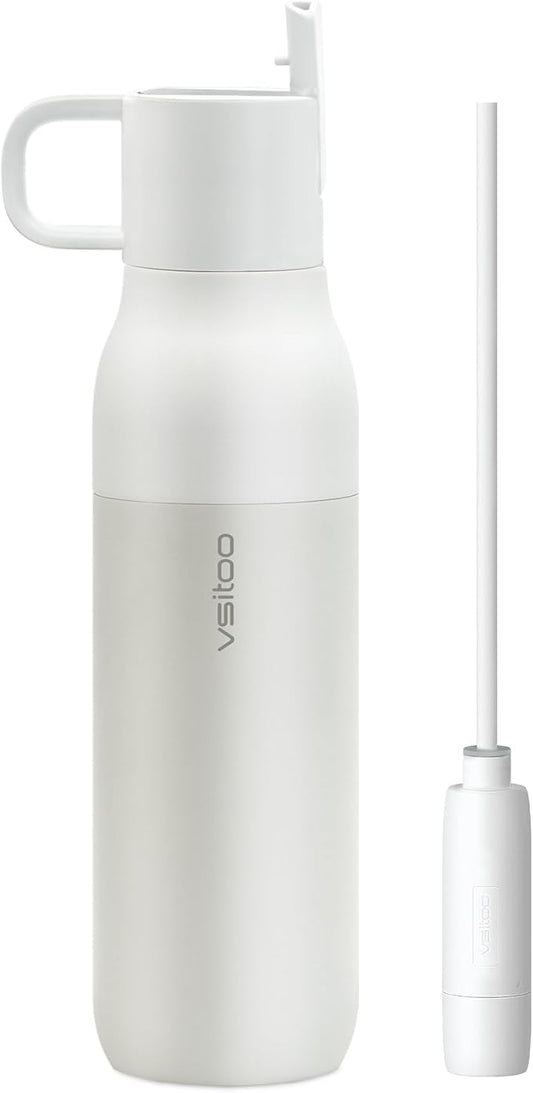 VSITOO 25 oz Water Purifier Bottle–Stainless Steel, Carbon Fiber Filter, Double-Wall Insulated, BPA-Free, Ideal for Hiking, Cycling, Gym & Outdoor Use–Life Straw Compatible,White