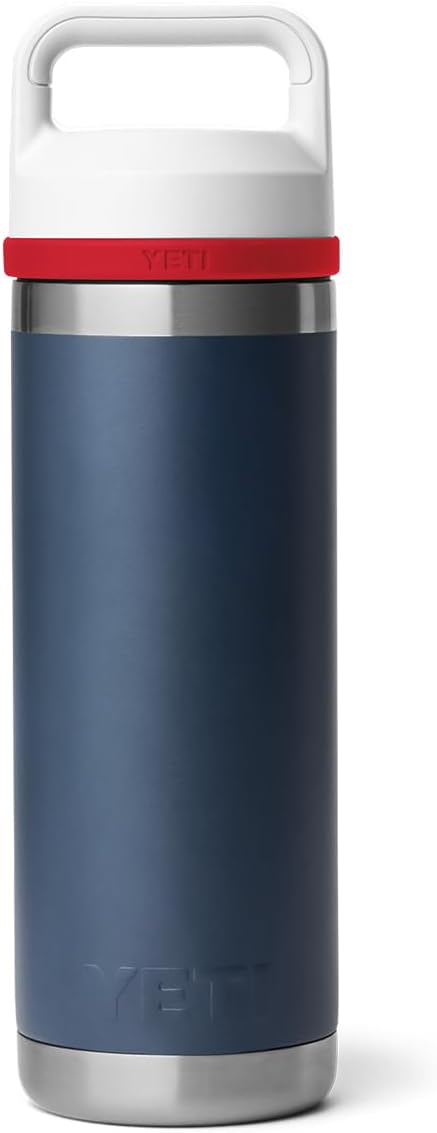 YETI Rambler 18 oz Bottle, Vacuum Insulated, Leakproof, Stainless Steel with Chug Cap, Navy/Rescue Red/White