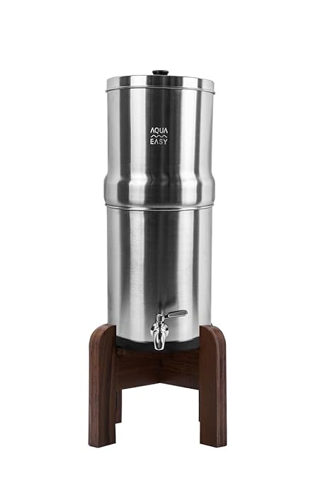 AquaEasy NSF/ANSI 372 Certified Stainless Steel Gravity Water Filter System (2.25 Gallon) 2X Activated Carbon Filter, Stainless Steel Tap and Wooden Stand | Countertop Water Filtration System (Matte)
