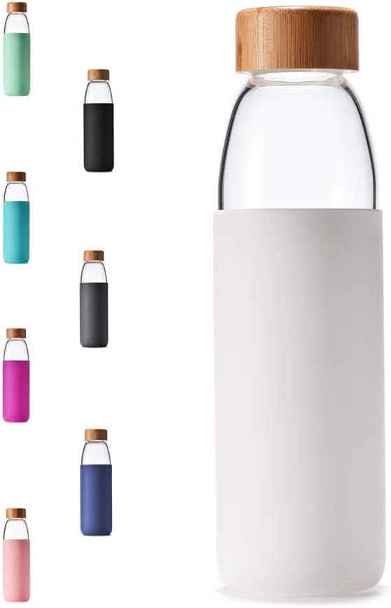 veegoal 25 Oz Borosilicate Glass Water Bottles with Bamboo Lid, BPA-FREE, Non-Slip Silicone Sleeve, and Stainless Steel Leak Proof Lid - Reusable Glass Bottle for Men and Women