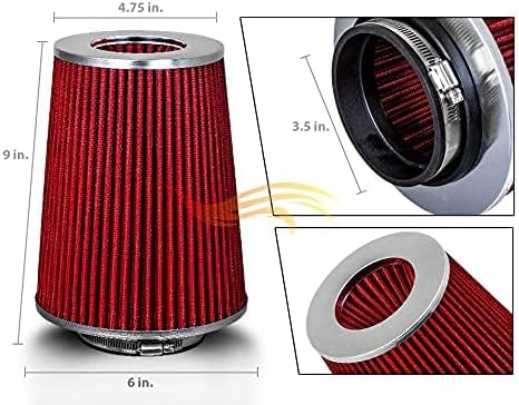 RED 3.5" 89 mm Inlet Truck Cold Air Cone Replacement Performance Washable Clamp-On Dry Air Filter (8" Tall)