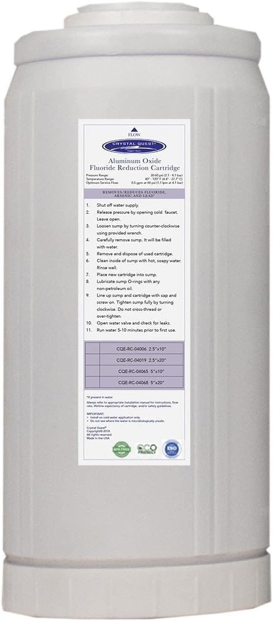 Crystal Quest Aluminum Oxide Fluoride Reduction Filter Cartridge, 4-5/8” x 9-3/4, Advanced Media, 3 GPM Flow Rate, Reduces Fluoride Up to 9,000 ppm, Long-Lasting, Easy Installation & Maintenance