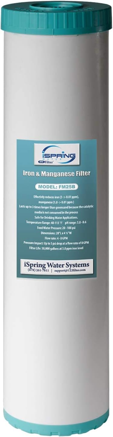 iSpring Whole House Water Filter Cartridge, Iron & Manganese Reducing Water Filter Whole House, 4.5" x 20", Model: FM25B