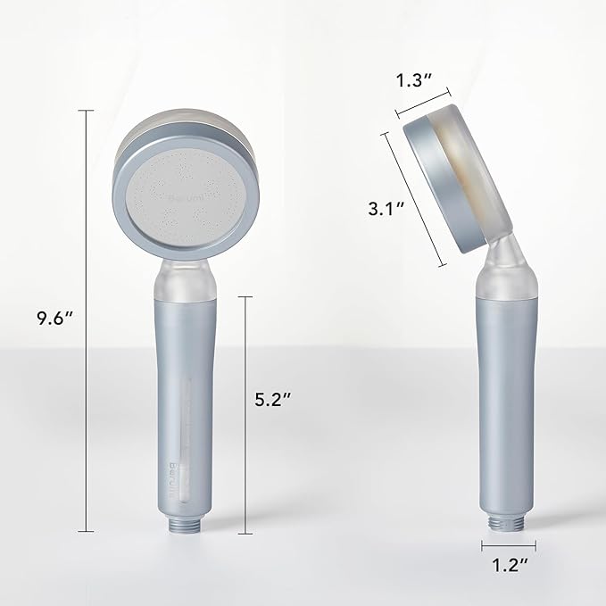 Barumi Pluo Handheld Filtered Shower Head - Silver | Vitamin C Filter for Healthy Skin & Hair | High Pressure Soft Spray | Dual Filtration Removes Chlorine & Impurities | Gentle Shower for Pets