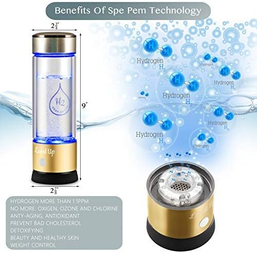 LevelUpWay 2025 Hydrogen Water Bottle Generator – New Technology Glass with SPE PEM Ionic Membrane – High Borosilicate Glass – 13 Ounce (Gold) – Premium Hydration Solution