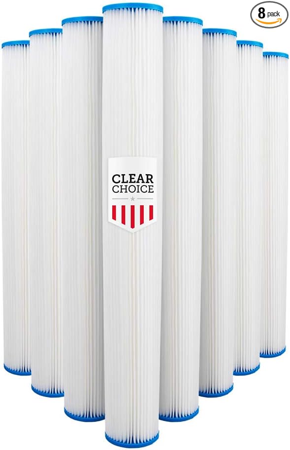 Clear Choice Sediment Filter Cartridge 20 Micron 20in X 4.50in 14k Gal. Replacement for Pentek 255495-43 ECP20-20BB S1-20BB, Pelican PBB-P20-20, Flow-Max FM-BB-20-20, 8-Pk