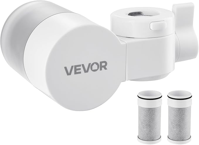 VEVOR Faucet Mount Water Filter, Horizontal Water Purifier for Sink Tap, NSF Certified Carbon Fiber Filter, Removes Chlorine Lead with 3 Filters, Fits Most Kitchen or Bathroom Faucets, White