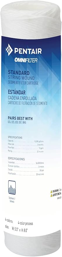 Pentair OMNIFilter RS12 Sediment Water Filter, 10-Inch, Standard Whole House String Wound Sediment Replacement Filter Cartridge, 10" x 2.5", 20 Micron, Pack of 1
