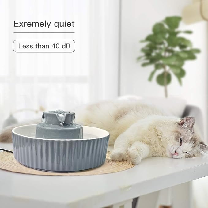 2.1L Ceramic Cat Water Fountain-for Cats and Dogs, 360 Ceramic Pet Fountain-70 Oz Large Water Capacity - Whisper-Quiet Water Flow-Great for Shy or Timid Pets - Fresh, Filtered Water (Grey)