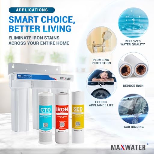 Max Water 3 Stage (Coastline Houses, Cottage, Farm, Well & Underground Water) 10 inch Water Filtration System for Whole House-Sediment+Iron Manganese+CTO Post Carbon -3/4" Inlet/Outlet- Model : WH-SW5