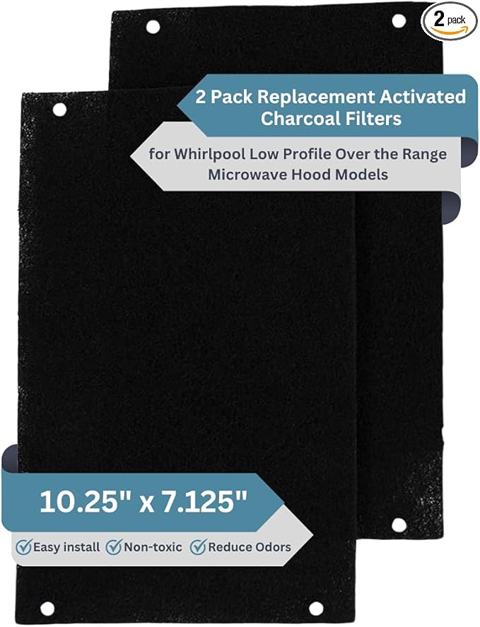 2-Pack Activated Carbon Charcoal Microwave Hood Filters - 10.25" x 7.125" Microwave Hood Filters - Compatible with Whirlpool WML55011HS & WML75011HZ Low‑Profile Models, Made in USA