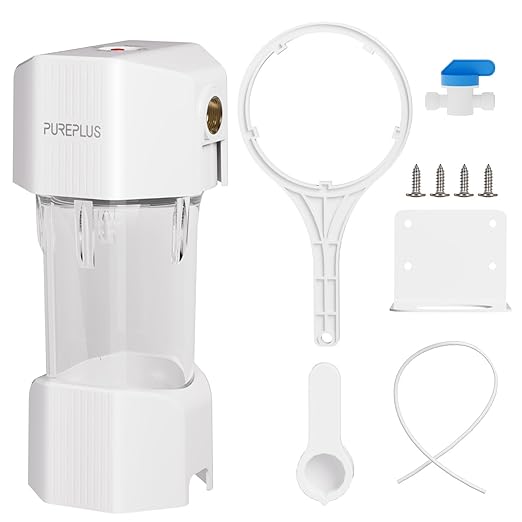 PUREPLUS Whole House Water Filtration System, 10″ × 4.5″ Housing, 1″ NPT Inlet/Outlet, Durable Housing with Bypass & Backwash, Pressure Relief, Mounting Bracket
