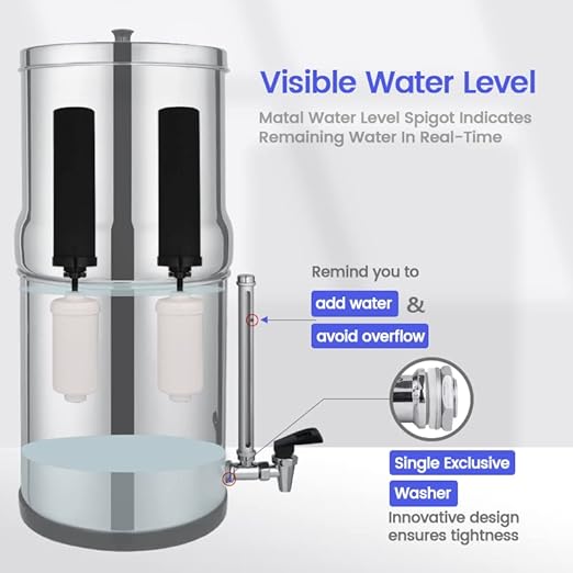 Amwater NSF/ANSI 42&372 Certification 2.25G Stainless Steel Gravity-Fed Water Filter System with 2 Black Purification Filter, 2 Fluoride Water Filter,Sight Glass Spigot, 6inch Stand