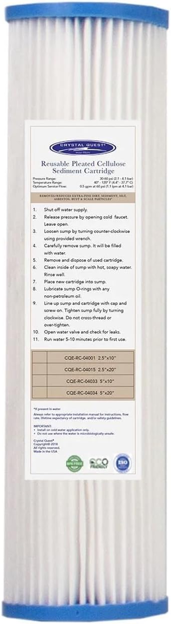Crystal Quest Pleated Cellulose Sediment Cartridge - 2-7/8” x 9-3/4” - 5 Micron Filtration - Durable & Long-Lasting - High Dirt-Holding Capacity - Fits Residential & Commercial Systems