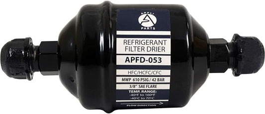 Appli Parts APFD-053 3/8 in Liquid Line Refrigerant AC Filter Drier hvac Refrigeration 053 SAE Flare connection universal unidirectional 4-1/2 in long 2 in wide