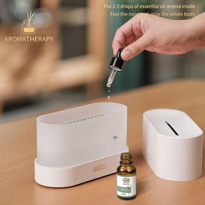 Upgraded 7 Color Flame Fireplace Air Aroma Essential Oil Diffuser,USB Personal Desktop Noiseless Cool Mist Humidifier with Auto-Off Protection for Home,Office, Gift (White)