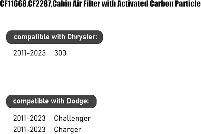 CF11668,Cabin Air Filter with activated carbon particle for Dodge,2011-2023 Challenger,2011-2023 Charger.Chrysler,300.68071668AA.2011,2012,2013,2014,2015,2016,2017,2018,2019,2020,2021,2022,2023.