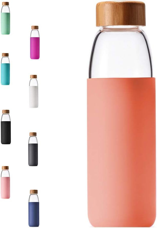 veegoal 25 Oz Borosilicate Glass Water Bottles with Bamboo Lid, BPA-FREE, Non-Slip Silicone Sleeve, and Stainless Steel Leak Proof Lid - Reusable Glass Bottle for Men and Women