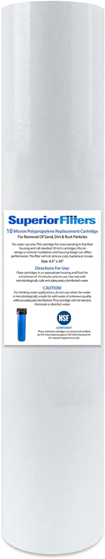 10 Micron Sediment Filter - Whole House Water Filter Cartridge - 4.5 x 20-inch Replacement - Compatible with All Whole House Water Filter System - (20 X 4.5, 1 Count)