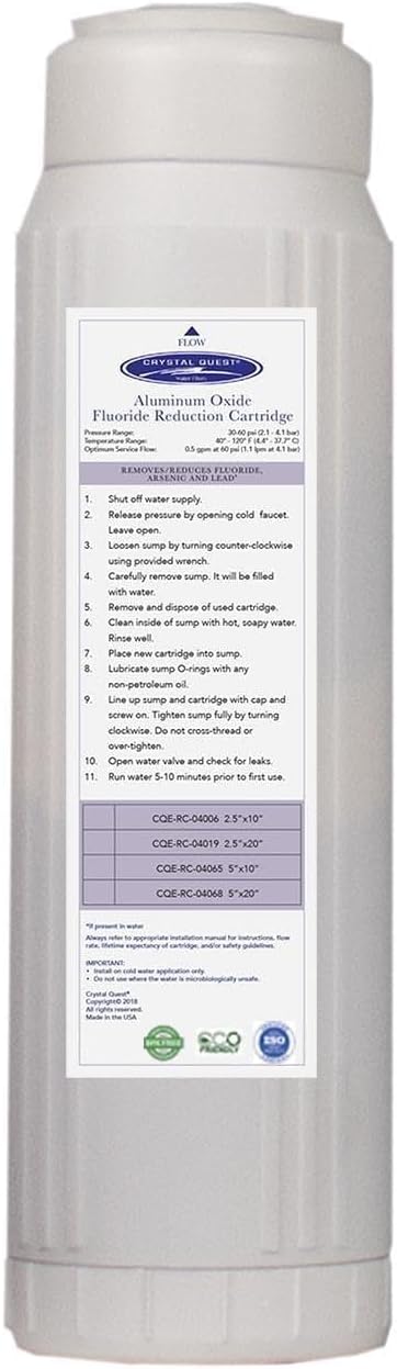 Crystal Quest Aluminum Oxide Fluoride Reduction Filter Cartridge, 2-7/8” x 9-3/4, Advanced Media, 0.5 GPM Flow Rate, Reduces Fluoride Up to 4,500 ppm, Long-Lasting, Easy Installation & Maintenance