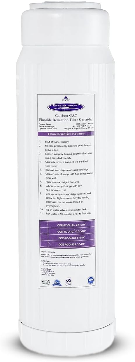 Crystal Quest Calcium GAC Fluoride Reduction Filter - Efficient Fluoride Removal or Reduction - Compact Design - Long-Lasting Capacity - 2-7/8” x 9-3/4”