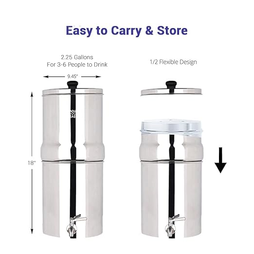 AquaEasy NSF/ANSI 372 Certified Stainless Steel Gravity Water Filter System (2.25 Gallon) 2X Activated Carbon Filter, Stainless Steel Tap and Wooden Stand | Countertop Water Filtration System (Matte)