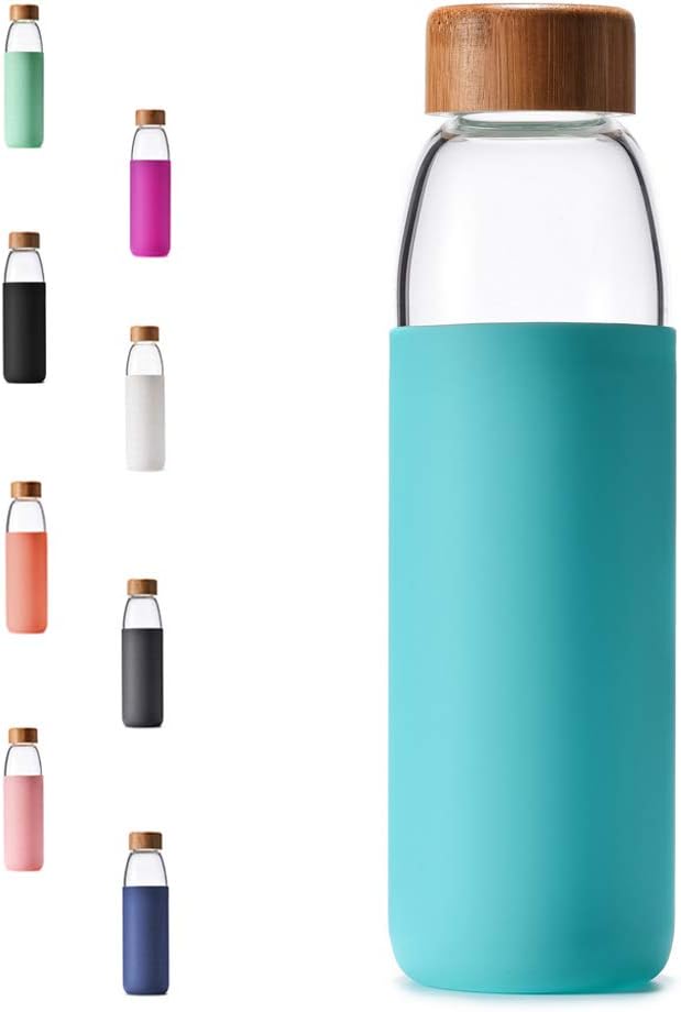 veegoal 18 Oz Borosilicate Glass Water Bottles with Bamboo Lid, BPA-FREE, Non-Slip Silicone Sleeve, and Stainless Steel Leak Proof Lid - Reusable Glass Bottle for Men and Women