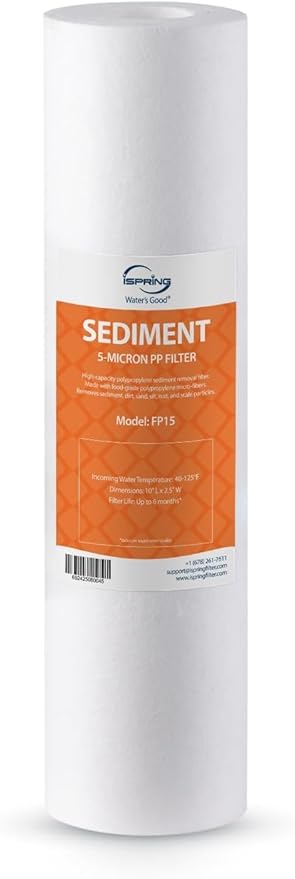 iSpring FP15 NSF Certified Sediment Water Filter Cartridges Replacement, 5 Micron 10" x 2.5" Universal Sediment Filter, 15,000-Gallon Multi-Layer Cartridge