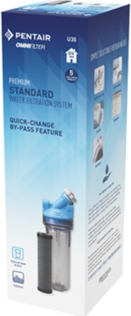 Pentair OMNIFilter U30 Filter System, 10" Premium Standard Water Filtration System with Bypass Valve-in-Head, 3/4" NPT, Includes Clear Housing, T01 Cartridge, Wrench and Mounting Bracket, 5 Micron