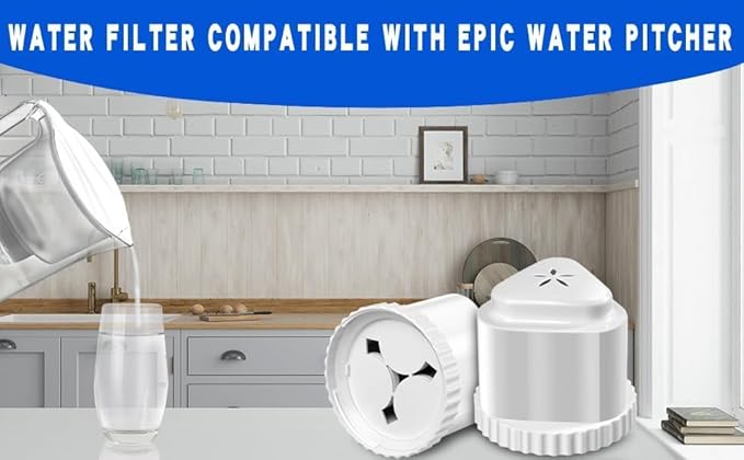 2 Pack Water Filter Compatible with EPIC Water Filter Pitcher，150 Gallons Replacement Filter for Aquagear Seychelle, BPA Free,Removes Fluoride, Chlorine, Lead, Odors