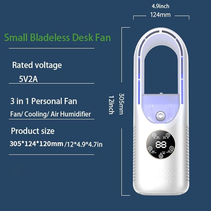 Desk Bladeless Fan with Humidifier, Small Personal Misting Fan for Sleep with 6 Speeds, Quiet Bedside Fans for Bedroom with Timer and LED Light, Table Fan for Home Office Desktop