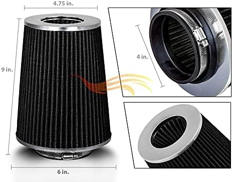 BLACK 4" 102 mm Inlet Truck Cold Air Cone Replacement Performance Washable Clamp-On Dry Air Filter (8" Tall)