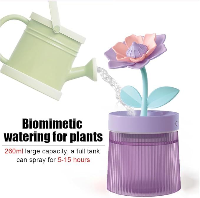 Flower Mist Humidifier, 260ML Mini Desk Humidifier 2 Misting Modes Auto-Off Portable Humidifier with Colorful Light for Car Office Home Bedroom