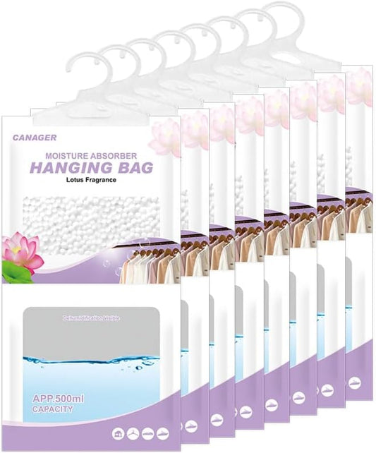 CANAGER Hanging Moisture Absorber, Lotus Fragrance Moistureproof Hanging Bag, Dehumidifier Bag (8 packs) Hanging Closet Dehumidifier Bags, Moisture Absorb 12.5 oz.
