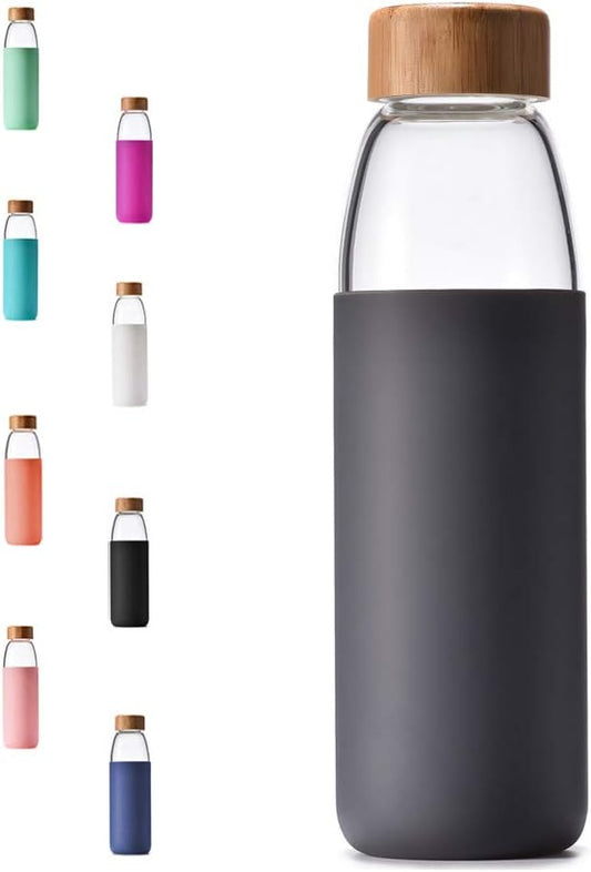 veegoal 18 Oz Borosilicate Glass Water Bottles with Bamboo Lid, BPA-FREE, Non-Slip Silicone Sleeve, and Stainless Steel Leak Proof Lid - Reusable Glass Bottle for Men and Women