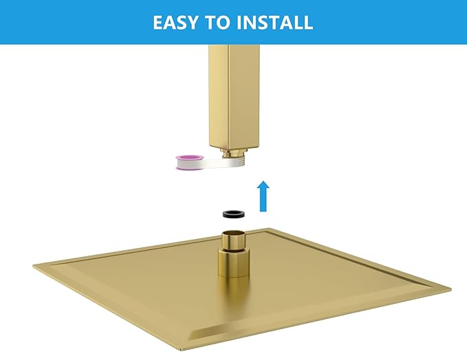 Lordear Rainfall Shower Head 10 Inch Gold Rain Shower Head Square Solid Ultra Thin 304 Stainless Steel Fixed Rainshower Head with Self Cleaning Nozzles